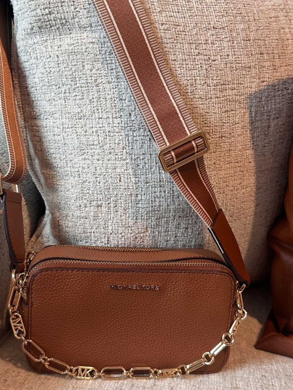 Michael Kors Bryant Brown Pebbled Leather Double Zip Chain Crossbody Bag